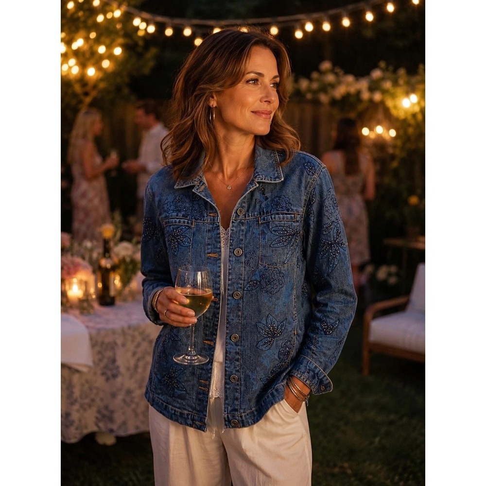 Chicos Design Blue Embroidered Beaded Floral Denim Jacket Womens Large Boho